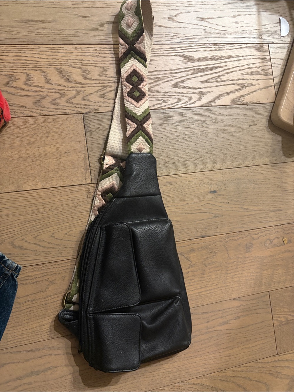 Anthropologie Black Leather Belt Bag with Patterned Woven Strap
